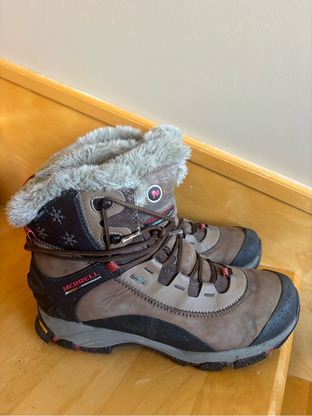 Merrell Brown and Black Insulated Winter Hiking Boots with Faux-Fur Collar